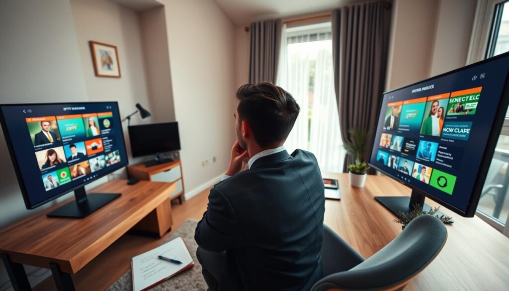 In a modern, cozy home office setting, a thoughtful individual, dressed in professional business attire, sits at a sleek wooden desk. They're intently reviewing multiple digital screens, displaying colorful IPTV playlists categorized by country and genre, with a focus on Ireland. A large window in the background allows soft, natural light to illuminate the room, creating a warm and inviting atmosphere. On the desk, a notepad holds handwritten notes on IPTV selection tips, and a small potted plant adds a touch of greenery. The angle is slightly tilted from above, providing a dynamic perspective that showcases the screens and the individual’s focus, reflecting the determination and careful consideration in choosing the right playlists. The mood is optimistic and focused. In a modern, cozy home office setting, a thoughtful individual, dressed in professional business attire, sits at a sleek wooden desk. They're intently reviewing multiple digital screens, displaying colorful IPTV playlists categorized by country and genre, with a focus on Ireland. A large window in the background allows soft, natural light to illuminate the room, creating a warm and inviting atmosphere. On the desk, a notepad holds handwritten notes on IPTV selection tips, and a small potted plant adds a touch of greenery. The angle is slightly tilted from above, providing a dynamic perspective that showcases the screens and the individual’s focus, reflecting the determination and careful consideration in choosing the right playlists. The mood is optimistic and focused.