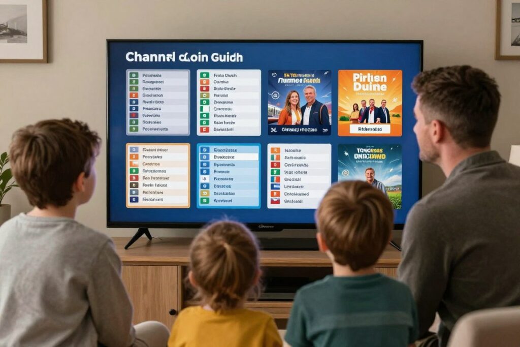 Irish family reviewing Irish and international live channels on a television