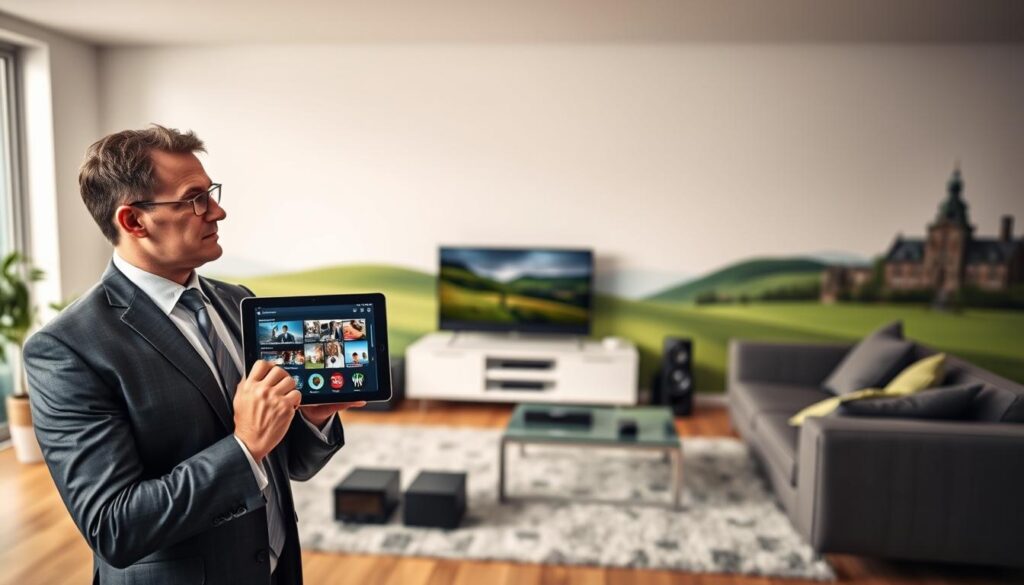 A balanced composition focusing on the theme of IPTV legality in Ireland. In the foreground, a thoughtful professional in business attire, holding a tablet displaying images of streaming content. In the middle ground, a sleek modern living room setup with a smart TV, various streaming devices, and a stylish sofa. The background features a subtle representation of the Irish landscape, with rolling green hills and iconic Irish architecture, hinting at the location. Soft, natural lighting creates a warm and inviting atmosphere, with a slight blur on the edges to keep the focus on the subject. The overall mood is serious yet informative, suitable for a guide discussing legal matters. A balanced composition focusing on the theme of IPTV legality in Ireland. In the foreground, a thoughtful professional in business attire, holding a tablet displaying images of streaming content. In the middle ground, a sleek modern living room setup with a smart TV, various streaming devices, and a stylish sofa. The background features a subtle representation of the Irish landscape, with rolling green hills and iconic Irish architecture, hinting at the location. Soft, natural lighting creates a warm and inviting atmosphere, with a slight blur on the edges to keep the focus on the subject. The overall mood is serious yet informative, suitable for a guide discussing legal matters.