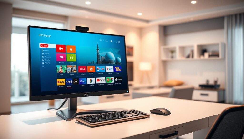 A clean and professional digital workspace displaying a side-by-side comparison of different IPTV player windows on a sleek computer monitor. In the foreground, focus on the vibrant interfaces of two distinct IPTV players, clearly showcasing their user-friendly layouts and streaming options. In the middle ground, include a stylish desk with a keyboard and mouse, subtly highlighting the tech environment. The background features a softly blurred image of a modern living room, adding context without distraction. Use warm, ambient lighting to create an inviting atmosphere, and a slight camera tilt to emphasize dynamism. Aim for a polished and informative tone to convey the reliability and functionality of IPTV players compared to traditional options, while ensuring all elements are professional and SFW. A clean and professional digital workspace displaying a side-by-side comparison of different IPTV player windows on a sleek computer monitor. In the foreground, focus on the vibrant interfaces of two distinct IPTV players, clearly showcasing their user-friendly layouts and streaming options. In the middle ground, include a stylish desk with a keyboard and mouse, subtly highlighting the tech environment. The background features a softly blurred image of a modern living room, adding context without distraction. Use warm, ambient lighting to create an inviting atmosphere, and a slight camera tilt to emphasize dynamism. Aim for a polished and informative tone to convey the reliability and functionality of IPTV players compared to traditional options, while ensuring all elements are professional and SFW.