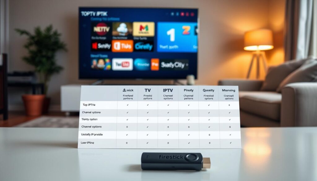 A clean and professional workspace that showcases a visually appealing comparison table of top IPTV providers for Firestick in Ireland. In the foreground, a sleek Firestick device is prominently displayed, alongside a modern television screen featuring colorful icons representing various IPTV services. In the middle ground, a detailed comparison table is arranged, highlighting key attributes of each provider, like price, channel options, and user ratings. The background includes a soft, well-lit living room setting, with a cozy couch and ambient lighting that evokes a friendly and inviting atmosphere. The image should be shot from a slightly elevated angle to capture the table's details, using bright, warm lighting to enhance the overall appeal, creating a sense of clarity and professionalism. A clean and professional workspace that showcases a visually appealing comparison table of top IPTV providers for Firestick in Ireland. In the foreground, a sleek Firestick device is prominently displayed, alongside a modern television screen featuring colorful icons representing various IPTV services. In the middle ground, a detailed comparison table is arranged, highlighting key attributes of each provider, like price, channel options, and user ratings. The background includes a soft, well-lit living room setting, with a cozy couch and ambient lighting that evokes a friendly and inviting atmosphere. The image should be shot from a slightly elevated angle to capture the table's details, using bright, warm lighting to enhance the overall appeal, creating a sense of clarity and professionalism.