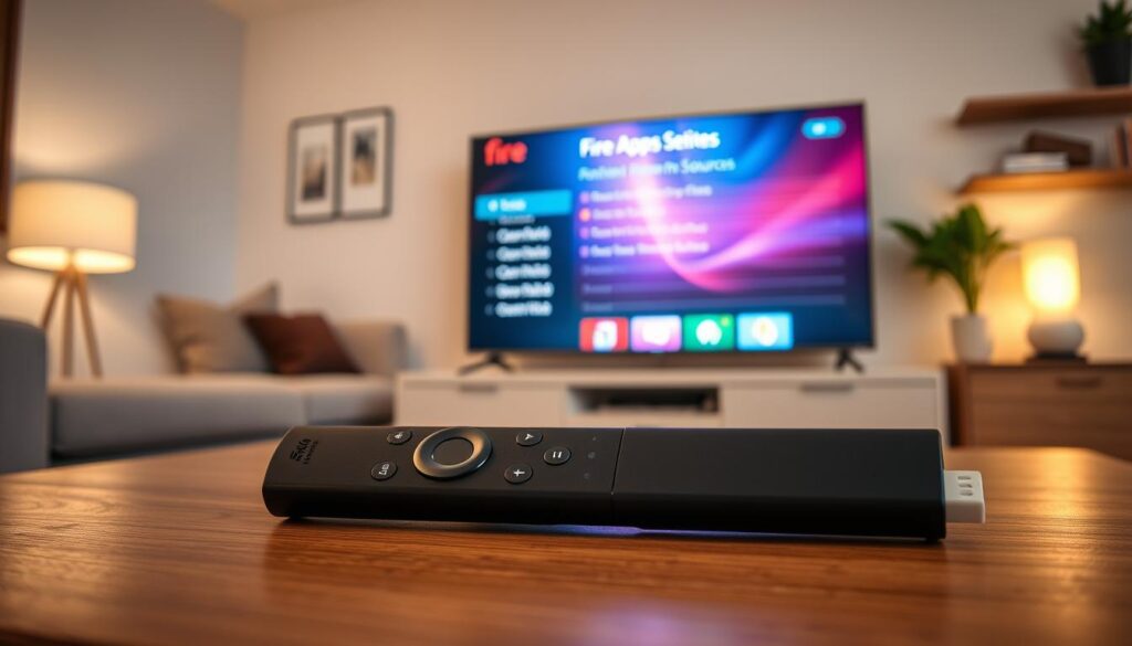 A close-up view of a Fire Stick remote control resting on a wooden coffee table, with a modern, cozy living room in the background. The remote is pointed towards a widescreen TV displaying a vivid menu interface for enabling apps from unknown sources, showcasing easy navigation options. Soft, warm lighting from a nearby lamp illuminates the scene, creating an inviting atmosphere. The background features a comfortable couch and decorative elements like a plant and bookshelves, subtly reinforcing a homey feel. Focus on the remote and the TV screen, capturing the essence of navigating settings on a smart device. The image conveys a sense of security and ease in technology usage, inviting viewers to embrace digital solutions confidently. A close-up view of a Fire Stick remote control resting on a wooden coffee table, with a modern, cozy living room in the background. The remote is pointed towards a widescreen TV displaying a vivid menu interface for enabling apps from unknown sources, showcasing easy navigation options. Soft, warm lighting from a nearby lamp illuminates the scene, creating an inviting atmosphere. The background features a comfortable couch and decorative elements like a plant and bookshelves, subtly reinforcing a homey feel. Focus on the remote and the TV screen, capturing the essence of navigating settings on a smart device. The image conveys a sense of security and ease in technology usage, inviting viewers to embrace digital solutions confidently.