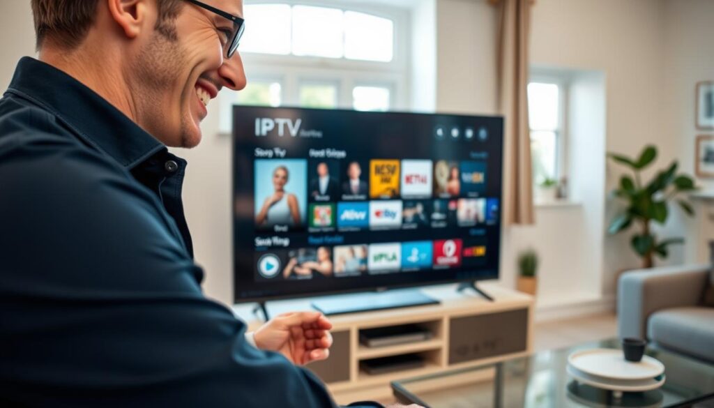 A close-up view of a professional technician wearing smart casual clothing, cheerfully installing IPTV apps on a sleek Smart TV in a cozy living room setting. The foreground features the TV screen displaying an app store interface, showcasing various streaming app icons. In the background, an inviting Irish home interior is visible with soft, natural lighting filtering through a window. The atmosphere is warm and welcoming, with subtle details like a green plant and framed pictures on the walls, reflecting the vibrant culture of Ireland. Use a slightly elevated angle to capture both the technician’s focused expression and the elegant modern design of the TV setup, conveying a sense of ease and professionalism in IPTV installation.