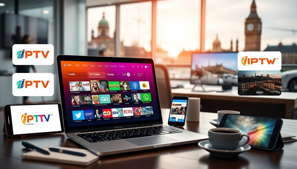 A collage showcasing various IPTV providers in Ireland with a focus on their logos and interface screenshots. In the foreground, feature a sleek laptop open to a vibrant IPTV interface, displaying colorful channel options. Surrounding the laptop, include a few high-quality smartphone screens, each showing different streaming apps. In the middle ground, depict a modern, stylish office environment with a detailed desk setup, including notepads and coffee cups. In the background, soft-focus images of famous Irish landmarks to convey a sense of place. The lighting should be bright and inviting, with a friendly atmosphere that suggests innovation and reliability. An angled perspective should add dynamism to the composition, while ensuring all elements blend harmoniously. A collage showcasing various IPTV providers in Ireland with a focus on their logos and interface screenshots. In the foreground, feature a sleek laptop open to a vibrant IPTV interface, displaying colorful channel options. Surrounding the laptop, include a few high-quality smartphone screens, each showing different streaming apps. In the middle ground, depict a modern, stylish office environment with a detailed desk setup, including notepads and coffee cups. In the background, soft-focus images of famous Irish landmarks to convey a sense of place. The lighting should be bright and inviting, with a friendly atmosphere that suggests innovation and reliability. An angled perspective should add dynamism to the composition, while ensuring all elements blend harmoniously.