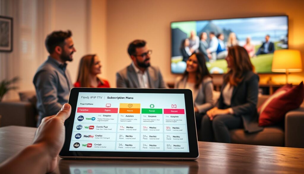 A conceptual illustration showcasing flexible subscription plans for IPTV services in Romania, tailored for users in Ireland. In the foreground, a sleek modern tablet displays an interactive interface with various subscription options, highlighted by colorful icons representing different channels and features. In the middle, a diverse group of three professionals, dressed in smart casual attire, are discussing the plans, exuding excitement and engagement. The background features a cozy home setting, with a soft-lit living room, a comfortable sofa, and a large screen showing a vibrant streaming scene. Warm ambient lighting bathes the scene, creating a welcoming atmosphere. Use a slightly elevated angle to capture the dynamics of the group while ensuring clarity of the tablet interface. A conceptual illustration showcasing flexible subscription plans for IPTV services in Romania, tailored for users in Ireland. In the foreground, a sleek modern tablet displays an interactive interface with various subscription options, highlighted by colorful icons representing different channels and features. In the middle, a diverse group of three professionals, dressed in smart casual attire, are discussing the plans, exuding excitement and engagement. The background features a cozy home setting, with a soft-lit living room, a comfortable sofa, and a large screen showing a vibrant streaming scene. Warm ambient lighting bathes the scene, creating a welcoming atmosphere. Use a slightly elevated angle to capture the dynamics of the group while ensuring clarity of the tablet interface.
