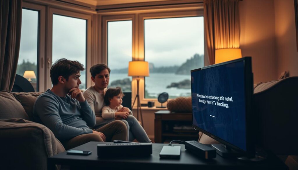A concerned Irish family gathered in their living room, looking frustrated as they stare at their Fire TV Stick. In the foreground, they are seated on a comfortable sofa, a young couple and their child, with expressions of disappointment and confusion. The middle ground features the TV displaying an error message related to IPTV blocking, surrounded by various streaming devices gathering dust. In the background, large windows show a rainy Irish landscape, symbolizing a gloomy mood. The scene is illuminated by warm, soft lighting from a nearby lamp, creating a contrasting cozy atmosphere against the family's distress. The angle captures their body language, revealing their sense of disappointment and concern about losing their viewing options in Ireland. A concerned Irish family gathered in their living room, looking frustrated as they stare at their Fire TV Stick. In the foreground, they are seated on a comfortable sofa, a young couple and their child, with expressions of disappointment and confusion. The middle ground features the TV displaying an error message related to IPTV blocking, surrounded by various streaming devices gathering dust. In the background, large windows show a rainy Irish landscape, symbolizing a gloomy mood. The scene is illuminated by warm, soft lighting from a nearby lamp, creating a contrasting cozy atmosphere against the family's distress. The angle captures their body language, revealing their sense of disappointment and concern about losing their viewing options in Ireland.