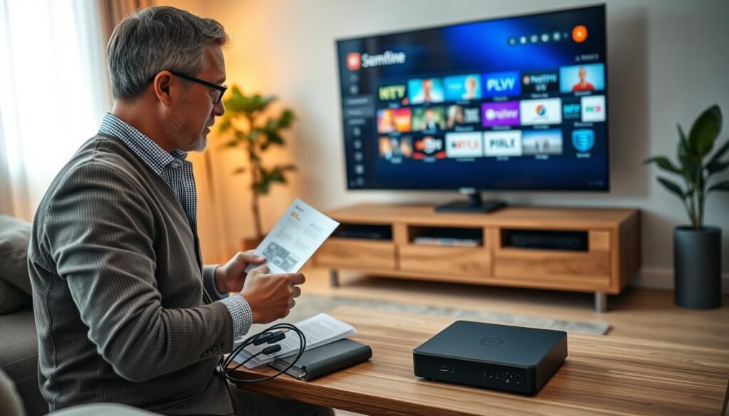 A cozy home setting featuring a modern IPTV box being set up on a sleek wooden entertainment center. In the foreground, a middle-aged man dressed in a smart-casual outfit, focused on connecting various cables to the IPTV box while referring to a user manual. In the middle ground, the TV displays a vibrant user interface with various channels. The background is softly lit with warm ambient lighting, highlighting a comfortable living room with a stylish sofa, a coffee table, and a decorative plant. The overall atmosphere is inviting and tech-savvy, capturing the process of setting up home entertainment. The composition is shot from a slightly elevated angle, emphasizing the user’s interaction with the devices.