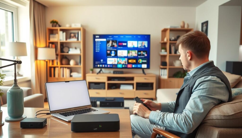 A cozy indoor setting featuring a modern living room with a stylish desk setup. In the foreground, a person dressed in smart casual attire intently works on a laptop, surrounded by streaming devices such as a digital set-top box and a remote control, demonstrating the process of setting up an IPTV subscription. In the middle ground, a large TV displays a vibrant interface showcasing various streaming options for Irish TV channels. Soft, warm lighting illuminates the room, enhancing a relaxed and focused atmosphere. The background features a bookshelf filled with tech manuals and decorative items, hinting at a tech-savvy lifestyle. A window lets in natural light, creating a welcoming ambiance. A cozy indoor setting featuring a modern living room with a stylish desk setup. In the foreground, a person dressed in smart casual attire intently works on a laptop, surrounded by streaming devices such as a digital set-top box and a remote control, demonstrating the process of setting up an IPTV subscription. In the middle ground, a large TV displays a vibrant interface showcasing various streaming options for Irish TV channels. Soft, warm lighting illuminates the room, enhancing a relaxed and focused atmosphere. The background features a bookshelf filled with tech manuals and decorative items, hinting at a tech-savvy lifestyle. A window lets in natural light, creating a welcoming ambiance.