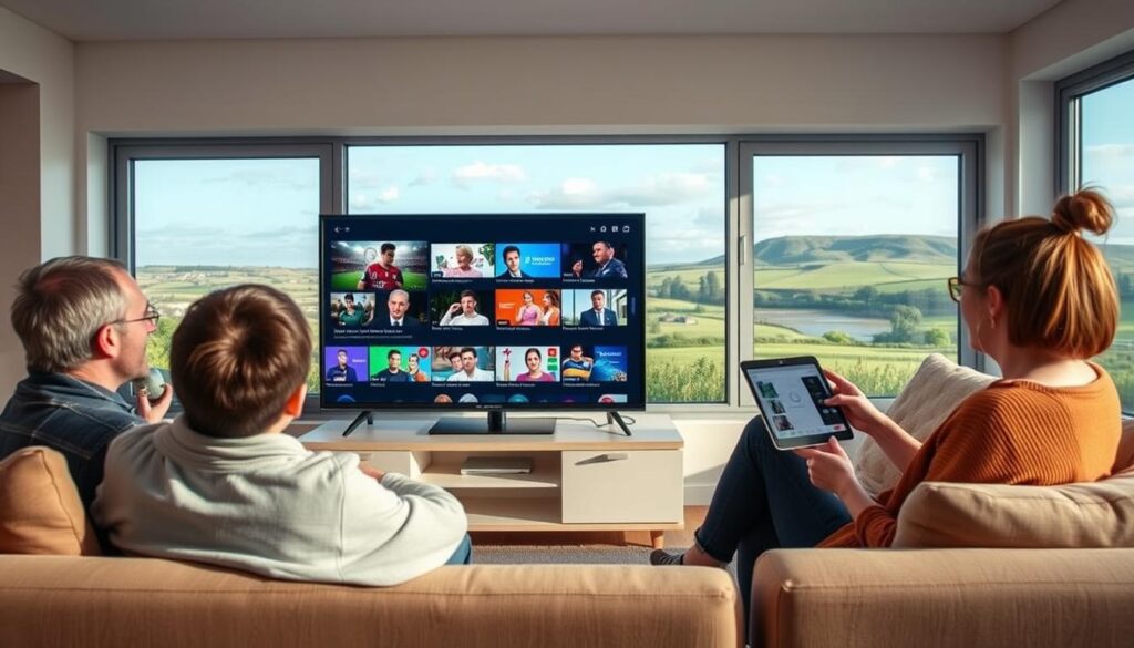 A cozy living room in Ireland with a family gathered around a large smart TV displaying vibrant streaming content. In the foreground, a father and son are excitedly discussing a football match, while a mother is comfortably seated on a couch with a tablet, exploring additional IPTV features. The middle of the scene features the smart TV showcasing a collage of popular Irish shows and international programs, highlighting the variety of content available through Android IPTV. In the background, large windows reveal a scenic view of the Irish countryside under soft afternoon lighting, creating a warm and inviting atmosphere. The image captures a sense of happiness and togetherness, emphasizing the enhanced viewing experience Android IPTV provides for Irish viewers.