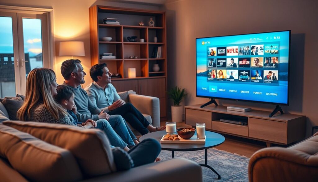 A cozy living room scene featuring an Irish family enjoying their evening while watching IPTV. In the foreground, a family of four is seated on a comfortable couch, dressed in casual but neat clothing. The parents are engaged in a lively discussion about the channel lineup displayed on a sleek, modern flat-screen TV. In the middle ground, there’s a stylish coffee table with snacks and drinks, creating a warm, inviting atmosphere. The background shows an elegant bookshelf with a few decorative items and a window revealing a softly lit evening sky outside. The lighting is soft and warm, evoking a feeling of comfort and togetherness, while maintaining a professional aesthetic. The angle is slightly elevated, capturing the entire scene while ensuring the focus remains on the family's interaction and enjoyment of their IPTV experience.