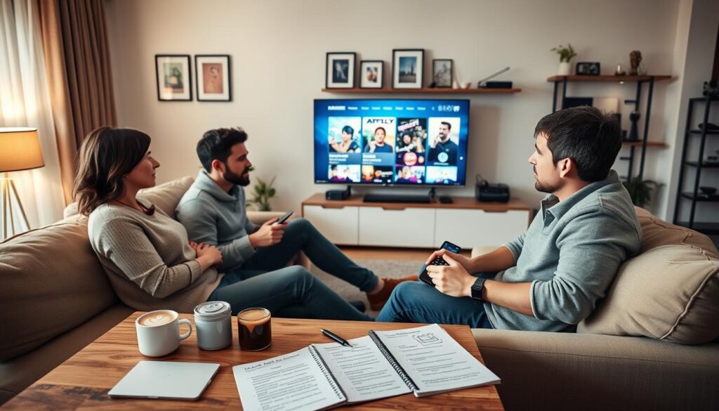 A cozy living room scene showcasing a couple engaged with an IPTV player on their sleek, modern TV. In the foreground, the couple, dressed in comfortable yet neat attire, sit on a plush sofa, with focused expressions, using a remote control. The middle area features a wooden coffee table adorned with snacks, drinks, and a notepad filled with feedback notes. The background displays a softly lit wall, decorated with framed pictures and a shelf of tech gadgets, highlighting a warm and inviting atmosphere. Use natural, diffused lighting to create a relaxed mood, emphasizing the sense of user experience and community support. The angle captures both the couple's interaction with the device and the inviting space around them, evoking feelings of comfort and engagement.