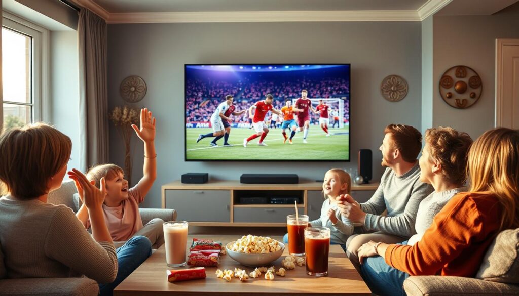 A cozy living room scene showcasing a family engrossed in watching live sports on a large flat-screen TV, illustrating IPTV services in Ireland. In the foreground, a family of four (two adults and two children) dressed in casual clothing, cheering and enjoying the excitement. In the middle, the TV displays a vibrant football match with action-packed visuals and clear graphics. On a coffee table, snacks like popcorn and soft drinks are scattered, adding to the lively atmosphere. The background reveals a modern Irish home with subtle Celtic decorations and a large window letting in soft, warm afternoon light, creating an inviting and engaging ambiance. The overall mood is joyful and energetic, reflecting the thrill of live sports entertainment. A cozy living room scene showcasing a family engrossed in watching live sports on a large flat-screen TV, illustrating IPTV services in Ireland. In the foreground, a family of four (two adults and two children) dressed in casual clothing, cheering and enjoying the excitement. In the middle, the TV displays a vibrant football match with action-packed visuals and clear graphics. On a coffee table, snacks like popcorn and soft drinks are scattered, adding to the lively atmosphere. The background reveals a modern Irish home with subtle Celtic decorations and a large window letting in soft, warm afternoon light, creating an inviting and engaging ambiance. The overall mood is joyful and energetic, reflecting the thrill of live sports entertainment.