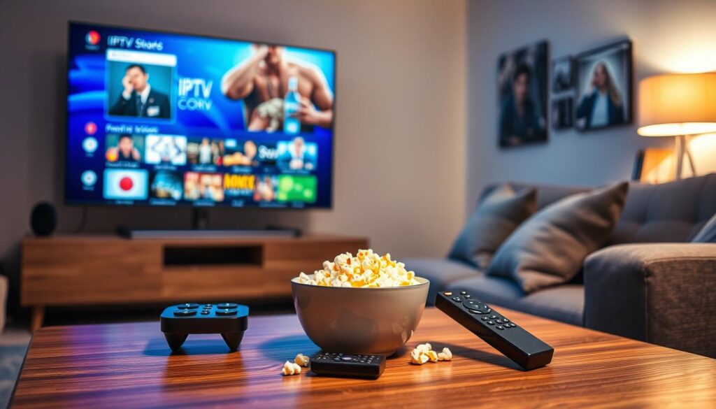 A cozy living room scene showcasing a high-definition television displaying a vibrant IPTV Cork streaming interface with clear, crisp visuals. In the foreground, positioned on a stylish coffee table, are modern remote controls and a bowl of popcorn, hinting at a relaxing viewing experience. The middle ground features a comfortable sofa with plush cushions, inviting viewers to settle in. In the background, soft ambient lighting creates a warm, welcoming atmosphere, enhanced by subtle wall decorations related to streaming entertainment, such as images of popular shows or movies. The overall mood should evoke a sense of reliability and quality, emphasizing IPTV Cork's premier streaming service in Ireland. The image should be professionally composed, capturing the essence of a perfect streaming experience without any text or overlays. A cozy living room scene showcasing a high-definition television displaying a vibrant IPTV Cork streaming interface with clear, crisp visuals. In the foreground, positioned on a stylish coffee table, are modern remote controls and a bowl of popcorn, hinting at a relaxing viewing experience. The middle ground features a comfortable sofa with plush cushions, inviting viewers to settle in. In the background, soft ambient lighting creates a warm, welcoming atmosphere, enhanced by subtle wall decorations related to streaming entertainment, such as images of popular shows or movies. The overall mood should evoke a sense of reliability and quality, emphasizing IPTV Cork's premier streaming service in Ireland. The image should be professionally composed, capturing the essence of a perfect streaming experience without any text or overlays.
