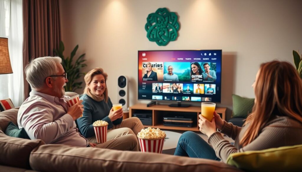 A cozy living room setting featuring a diverse group of three Irish viewers of different ages, sitting together on a comfortable couch, enjoying IPTV streaming on a large flat-screen TV. The foreground captures the joyful expressions of the viewers, dressed in smart casual clothing, and holding popcorn and drinks. In the middle, the TV displays a vibrant streaming interface highlighting various popular Irish shows and movies. The background features a warm ambiance with soft lighting, decorated with Irish-themed elements like a Celtic knot wall art and green cushions. The scene conveys a sense of community and contentment, showcasing the enjoyment of shared entertainment among friends and family.