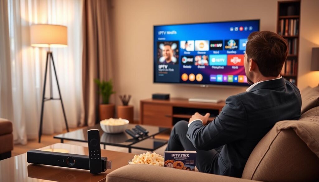 A cozy living room setting featuring a modern TV stand displaying a Firestick device. In the foreground, a well-dressed individual sits on a comfortable sofa, focused on the TV screen, which shows the IPTV menu interface with vibrant graphics. The middle ground includes a stylish coffee table with a few remote controls, a bowl of popcorn, and an IPTV subscription brochure. The background should depict warm, inviting lighting, soft curtains, and a bookshelf filled with DVDs and books, creating a relaxed atmosphere. The scene is captured from an eye-level angle, emphasizing both the tech aspect and the personal experience of setting up IPTV on Firestick, conveying a sense of ease and enjoyment in using the service. A cozy living room setting featuring a modern TV stand displaying a Firestick device. In the foreground, a well-dressed individual sits on a comfortable sofa, focused on the TV screen, which shows the IPTV menu interface with vibrant graphics. The middle ground includes a stylish coffee table with a few remote controls, a bowl of popcorn, and an IPTV subscription brochure. The background should depict warm, inviting lighting, soft curtains, and a bookshelf filled with DVDs and books, creating a relaxed atmosphere. The scene is captured from an eye-level angle, emphasizing both the tech aspect and the personal experience of setting up IPTV on Firestick, conveying a sense of ease and enjoyment in using the service.