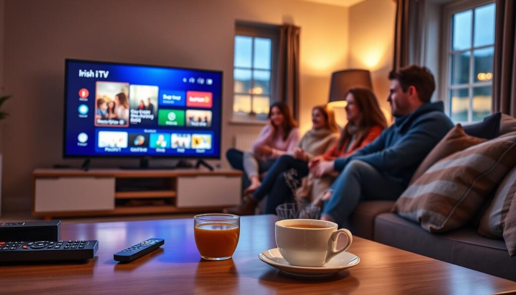 A cozy living room setting featuring a modern smart TV displaying an Irish TV channel interface from an IPTV app. In the foreground, a sleek coffee table loaded with remote controls and a steaming cup of tea. The middle ground showcases a comfortable sofa with a family enjoying their movie night, dressed in warm, casual attire, happily focused on the screen. The background includes soft, ambient lighting with a window revealing a hint of the Irish countryside at dusk. The overall mood is inviting and relaxed, emphasizing a perfect home entertainment experience. Use a warm color palette, focus on detail, and create a sense of ease with a slightly wide-angle view to capture the entire scene. A cozy living room setting featuring a modern smart TV displaying an Irish TV channel interface from an IPTV app. In the foreground, a sleek coffee table loaded with remote controls and a steaming cup of tea. The middle ground showcases a comfortable sofa with a family enjoying their movie night, dressed in warm, casual attire, happily focused on the screen. The background includes soft, ambient lighting with a window revealing a hint of the Irish countryside at dusk. The overall mood is inviting and relaxed, emphasizing a perfect home entertainment experience. Use a warm color palette, focus on detail, and create a sense of ease with a slightly wide-angle view to capture the entire scene.