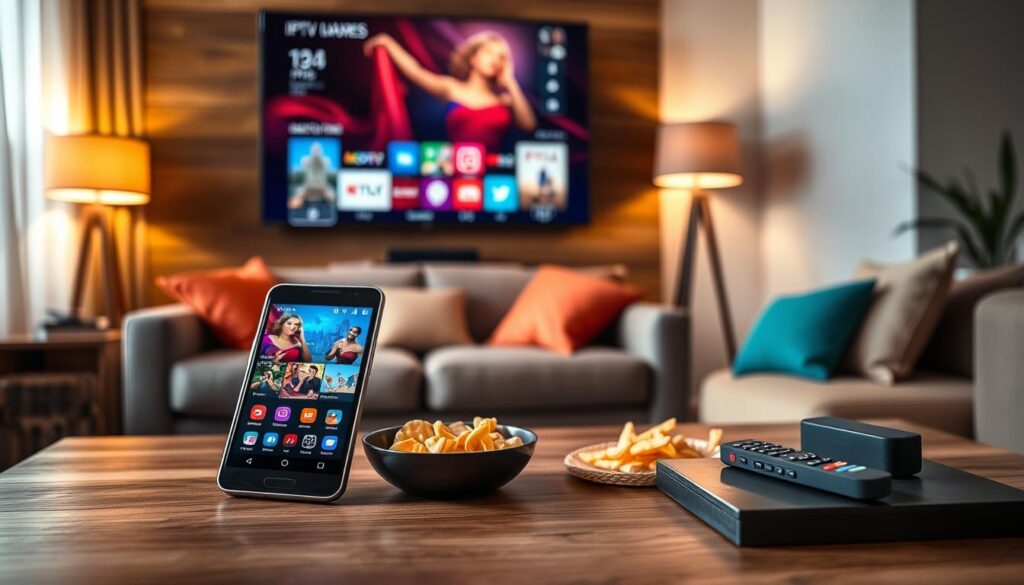 A cozy living room setting featuring a sleek Android phone displaying vibrant IPTV content on its screen. In the foreground, the phone is propped up on a stylish coffee table adorned with snacks and a remote control. In the middle ground, a comfortable sofa with colorful cushions invites relaxation, while a warm lamp emits soft, inviting lighting. The background showcases a large TV mounted on the wall, displaying a dynamic IPTV interface. Soft shadows create a relaxed atmosphere, suggesting an enjoyable viewing experience. The color palette is warm and inviting, with rich wood tones and pops of color. The scene embodies comfort and modern technology, ideal for maximizing IPTV enjoyment.