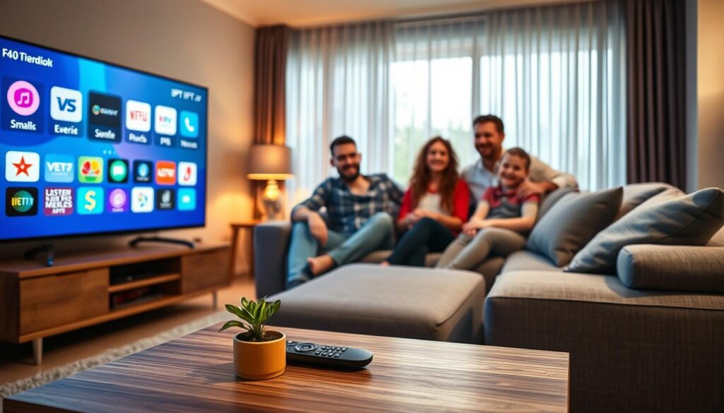 A cozy living room setting featuring a smart TV displaying various IPTV streaming app icons. In the foreground, a modern coffee table with a sleek remote control and a small potted plant, exuding a welcoming atmosphere. In the middle, a grey sectional sofa with soft cushions, emphasizing comfort and relaxation, while a family of four, dressed in casual yet tidy clothing, enjoys their viewing experience. The background showcases a well-lit room with soft, warm lighting streaming through a window, illuminating the space. The overall mood is inviting and family-friendly, highlighting the seamless compatibility of the IPTV service across devices, encouraging viewers to engage with their favorite shows effortlessly.