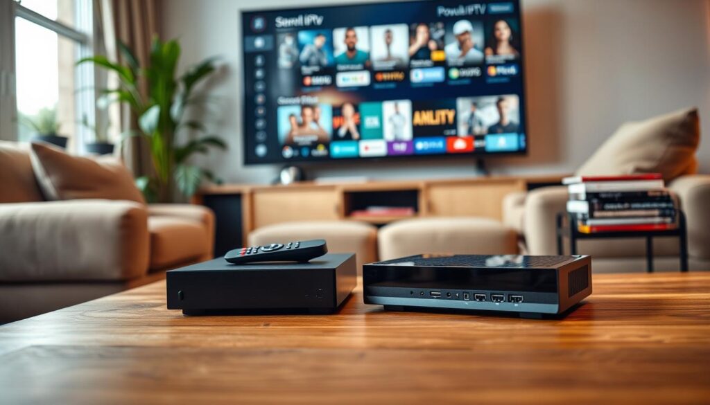A cozy living room setting featuring an Android IPTV box prominently on a wooden coffee table. The box is sleek and modern, showcasing its ports and design details, with a remote control next to it. In the background, a large flat-screen TV displays popular IPTV streaming services. Soft, warm lighting creates an inviting atmosphere, and there are plush sofas and a stack of DVDs to add to the relaxed vibe. A hint of greenery with potted plants is visible by the window, enhancing a homey feeling. The perspective is slightly angled, capturing both the box and the TV, encouraging a sense of convenience and comfort that comes with using this technology for entertainment.