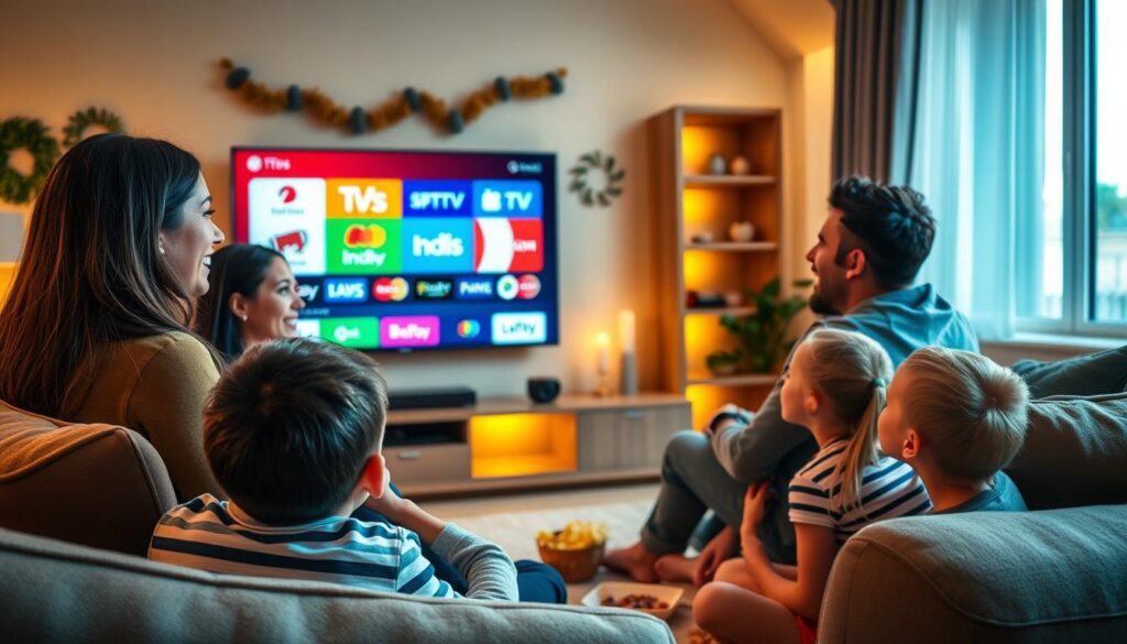 A cozy living room setting showcasing an Irish expat family watching IPTV on a sleek flat-screen television. In the foreground, a mother and father, dressed in comfortable yet modest casual clothing, share a moment of joy as they stream their favorite Irish channels. The children, a boy and a girl, are gathered on the floor with snacks, their expressions filled with excitement. In the middle, the TV displays vibrant colorful logos of popular Irish channels. The background features warm, ambient lighting with subtle green and gold decorations reflecting Irish culture. The atmosphere is inviting and nostalgic, evoking a sense of connection to home despite being abroad. The angle captures the family in a natural, candid moment, emphasizing togetherness. A cozy living room setting showcasing an Irish expat family watching IPTV on a sleek flat-screen television. In the foreground, a mother and father, dressed in comfortable yet modest casual clothing, share a moment of joy as they stream their favorite Irish channels. The children, a boy and a girl, are gathered on the floor with snacks, their expressions filled with excitement. In the middle, the TV displays vibrant colorful logos of popular Irish channels. The background features warm, ambient lighting with subtle green and gold decorations reflecting Irish culture. The atmosphere is inviting and nostalgic, evoking a sense of connection to home despite being abroad. The angle captures the family in a natural, candid moment, emphasizing togetherness.