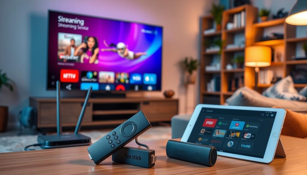 A cozy living room setup featuring a Fire Stick streaming device prominently in the foreground. The device is plugged into a modern Smart TV with a vibrant screen displaying a streaming service interface. Surrounding the TV are essentials for IPTV setup: a high-speed Wi-Fi router, a neatly arranged HDMI cable, and a tablet showcasing IPTV apps. The middle ground includes a comfortable couch with a few decorative pillows, while a soft, warm light from a nearby lamp creates an inviting atmosphere. The background features a bookshelf filled with media gadgets and some plants for a touch of greenery. The overall mood is relaxed and tech-savvy, ideal for viewers looking to enhance their streaming experience. A cozy living room setup featuring a Fire Stick streaming device prominently in the foreground. The device is plugged into a modern Smart TV with a vibrant screen displaying a streaming service interface. Surrounding the TV are essentials for IPTV setup: a high-speed Wi-Fi router, a neatly arranged HDMI cable, and a tablet showcasing IPTV apps. The middle ground includes a comfortable couch with a few decorative pillows, while a soft, warm light from a nearby lamp creates an inviting atmosphere. The background features a bookshelf filled with media gadgets and some plants for a touch of greenery. The overall mood is relaxed and tech-savvy, ideal for viewers looking to enhance their streaming experience.