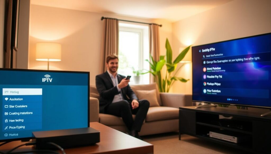 A cozy living room setup showcasing the setup and activation process for IPTV in Ireland. In the foreground, a sleek smart TV displays the IPTV menu with highlighted options for easy navigation. A modern entertainment unit holds a streaming device with visible cables neatly organized. In the middle, a friendly individual in smart casual attire is seated on a comfortable couch, holding a remote control, looking engaged while following setup instructions. The background features warm ambient lighting from a soft lamp, creating an inviting atmosphere. A window lets in natural light, illuminating a few plants for a touch of greenery. The overall mood is approachable and informative, tailored for a seamless user experience.
