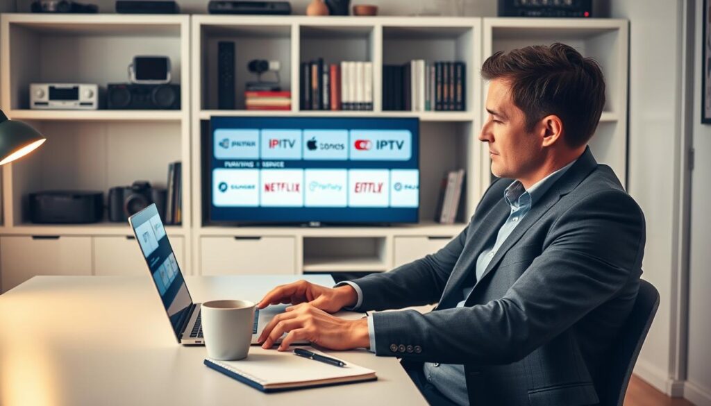 A cozy, modern home office setting with a professional individual dressed in smart casual attire, seated at a sleek desk, examining a laptop screen displaying various IPTV service options. The foreground features a notepad with a pen and a cup of coffee, suggesting a focused decision-making process. In the middle ground, the laptop screen is illuminated, highlighting logos of reputable IPTV services, while the background showcases shelves filled with tech gadgets and books on digital media. Soft, warm lighting creates an inviting atmosphere, and the angle captures the scene from a slightly elevated perspective, emphasizing the individual’s concentration in choosing a reliable IPTV service in Ireland. The overall mood is productive and thoughtful, reflecting the importance of informed choices in entertainment technology. A cozy, modern home office setting with a professional individual dressed in smart casual attire, seated at a sleek desk, examining a laptop screen displaying various IPTV service options. The foreground features a notepad with a pen and a cup of coffee, suggesting a focused decision-making process. In the middle ground, the laptop screen is illuminated, highlighting logos of reputable IPTV services, while the background showcases shelves filled with tech gadgets and books on digital media. Soft, warm lighting creates an inviting atmosphere, and the angle captures the scene from a slightly elevated perspective, emphasizing the individual’s concentration in choosing a reliable IPTV service in Ireland. The overall mood is productive and thoughtful, reflecting the importance of informed choices in entertainment technology.