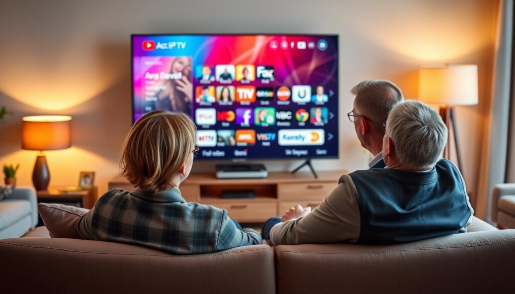A cozy, modern living room featuring a stylish TV setup displaying vibrant visuals of various IPTV channels, emphasizing quality and reliability. In the foreground, a middle-aged couple sits comfortably on a sleek sofa, focused on the screen, both dressed in professional business attire. They show expressions of satisfaction and engagement. The middle layer showcases the TV with an artistic depiction of a colorful channel interface, highlighting popular content. The background features warm lighting from decorative lamps, soft textures, and stylish decor, creating an inviting atmosphere. The overall mood conveys a sense of trust and enjoyment in watching ACE TV IPTV, reflecting an ideal experience for Irish viewers in 2026. Use a soft-focus lens for a warm, welcoming effect. A cozy, modern living room featuring a stylish TV setup displaying vibrant visuals of various IPTV channels, emphasizing quality and reliability. In the foreground, a middle-aged couple sits comfortably on a sleek sofa, focused on the screen, both dressed in professional business attire. They show expressions of satisfaction and engagement. The middle layer showcases the TV with an artistic depiction of a colorful channel interface, highlighting popular content. The background features warm lighting from decorative lamps, soft textures, and stylish decor, creating an inviting atmosphere. The overall mood conveys a sense of trust and enjoyment in watching ACE TV IPTV, reflecting an ideal experience for Irish viewers in 2026. Use a soft-focus lens for a warm, welcoming effect.