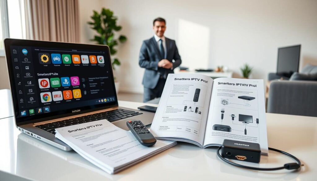 A detailed and professional installation guide for Smarters IPTV Pro prominently displayed on a sleek, modern workspace. In the foreground, a laptop screen shows the Smarters IPTV Pro interface, complete with vibrant icons and navigation menus. Beside the laptop, an open manual features step-by-step instructions and diagrams, while various devices like a remote control, streaming device, and a TV are scattered around. The middle ground displays a well-organized desk with technical equipment such as cables and an HDMI connector, along with a friendly representative in smart business attire, demonstrating the setup process. The background showcases a softly lit room with a cozy atmosphere, emphasizing a blend of technology and comfort. Use natural light filtering through a window to create a warm, inviting ambiance. A detailed and professional installation guide for Smarters IPTV Pro prominently displayed on a sleek, modern workspace. In the foreground, a laptop screen shows the Smarters IPTV Pro interface, complete with vibrant icons and navigation menus. Beside the laptop, an open manual features step-by-step instructions and diagrams, while various devices like a remote control, streaming device, and a TV are scattered around. The middle ground displays a well-organized desk with technical equipment such as cables and an HDMI connector, along with a friendly representative in smart business attire, demonstrating the setup process. The background showcases a softly lit room with a cozy atmosphere, emphasizing a blend of technology and comfort. Use natural light filtering through a window to create a warm, inviting ambiance.
