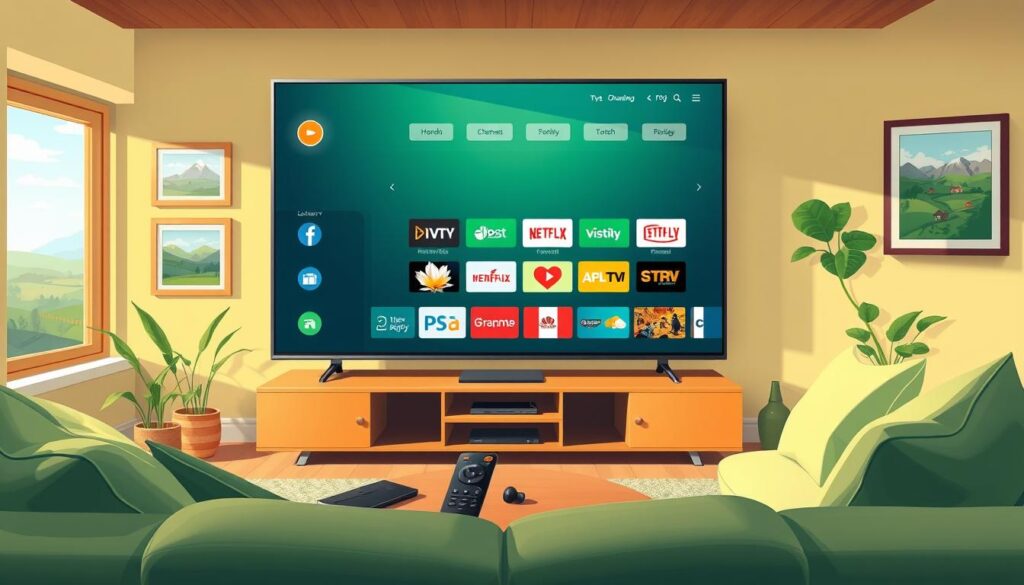 A detailed and vibrant illustration of an IPTV player guide specific to Ireland in 2026. In the foreground, display a sleek modern IPTV interface on a large flat-screen TV showcasing various popular channels and apps relevant to Irish viewers. In the middle ground, include a stylish remote control and a tablet or smartphone featuring IPTV player icons. The background should depict a cozy living room setting, adorned with Irish-themed decor, such as subtle green accents, framed landscapes of Ireland, and a window showing a serene view of the Irish countryside. Use warm, inviting lighting to create a friendly atmosphere, and employ a slightly angled perspective to add depth to the scene. Aim for a professional and informative mood, emphasizing the technological aspect of IPTV viewing in Ireland. A detailed and vibrant illustration of an IPTV player guide specific to Ireland in 2026. In the foreground, display a sleek modern IPTV interface on a large flat-screen TV showcasing various popular channels and apps relevant to Irish viewers. In the middle ground, include a stylish remote control and a tablet or smartphone featuring IPTV player icons. The background should depict a cozy living room setting, adorned with Irish-themed decor, such as subtle green accents, framed landscapes of Ireland, and a window showing a serene view of the Irish countryside. Use warm, inviting lighting to create a friendly atmosphere, and employ a slightly angled perspective to add depth to the scene. Aim for a professional and informative mood, emphasizing the technological aspect of IPTV viewing in Ireland.