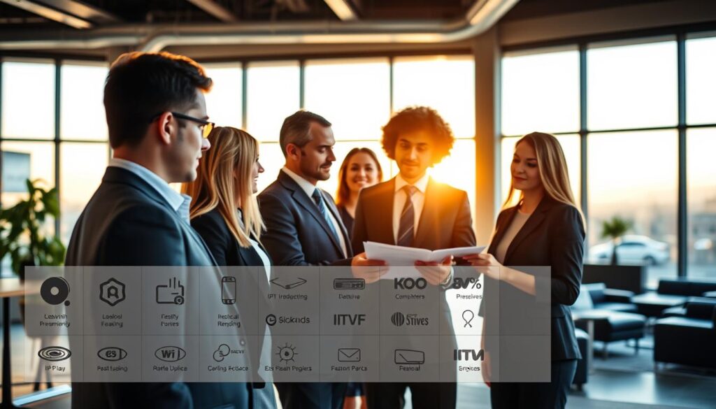 A detailed comparison of IPTV streaming providers in Ireland, featuring a visually appealing layout. In the foreground, showcase a sleek, modern infographic with icons representing various services like logos of leading IPTV providers. In the middle ground, include a diverse group of individuals in professional business attire, engaged in a discussion, analyzing the infographic. They should represent different demographics, emphasizing inclusivity. The background should depict a contemporary office setting with large windows allowing natural light to stream in, casting a warm glow. The overall mood should be focused and informative, creating a sense of expertise and trust in the decision-making process for IPTV services. Use a high-resolution lens to capture fine details and create a clean, polished image. A detailed comparison of IPTV streaming providers in Ireland, featuring a visually appealing layout. In the foreground, showcase a sleek, modern infographic with icons representing various services like logos of leading IPTV providers. In the middle ground, include a diverse group of individuals in professional business attire, engaged in a discussion, analyzing the infographic. They should represent different demographics, emphasizing inclusivity. The background should depict a contemporary office setting with large windows allowing natural light to stream in, casting a warm glow. The overall mood should be focused and informative, creating a sense of expertise and trust in the decision-making process for IPTV services. Use a high-resolution lens to capture fine details and create a clean, polished image.