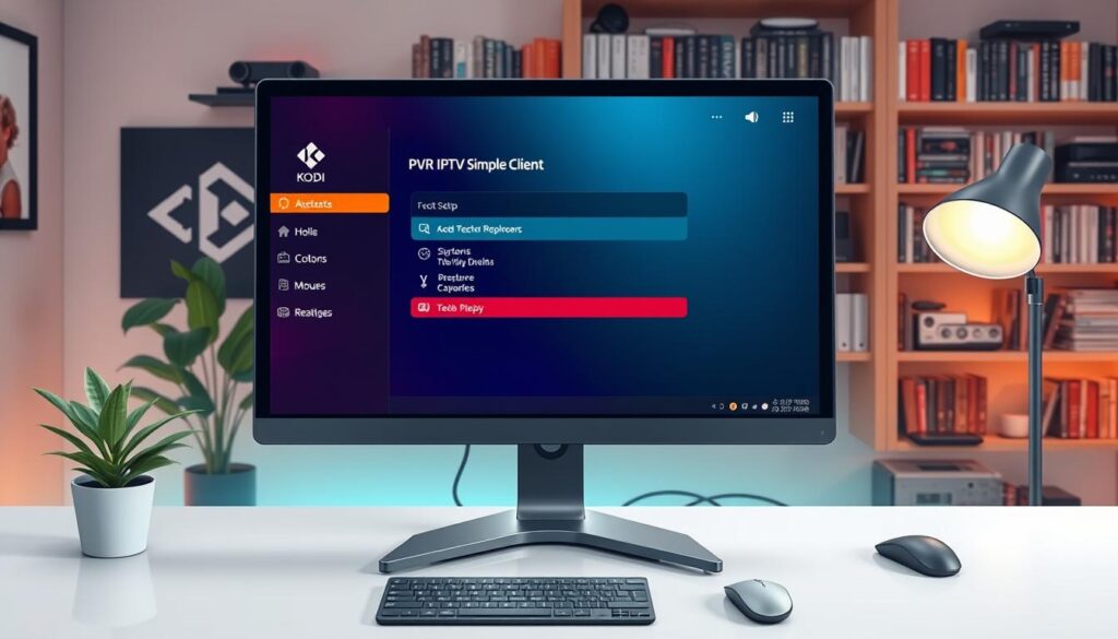A detailed illustration of a computer screen displaying the PVR IPTV Simple Client setup within Kodi on a modern desktop environment. In the foreground, the screen shows a well-organized user interface with vibrant colors and clear icons. The middle layer includes a sleek computer desk with a keyboard and mouse, along with a potted plant for a touch of life. In the background, soft ambient lighting illuminates a cozy workspace, featuring a bookshelf filled with tech manuals and gadgets. The view is slightly angled from above to capture the details of the screen while showcasing the surrounding setup. The mood is professional and focused, evoking a sense of learning and technology mastery.