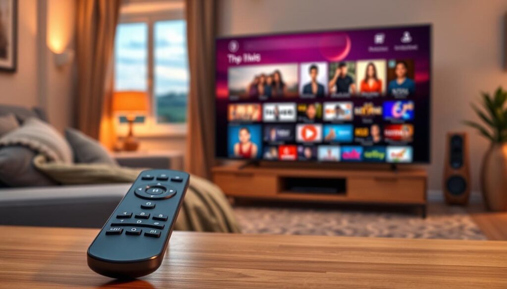 A detailed illustration of an IPTV player interface tailored for the Irish market in 2026. In the foreground, a sleek, modern IPTV remote control is placed next to a smart TV displaying vibrant streaming content options, such as popular shows and channels available in Ireland. The middle ground features a cozy living room setting with soft, ambient lighting, showcasing a comfortable couch adorned with a throw blanket. The background displays a subtle Irish landscape visible through a window, hinting at the geographical focus. Use warm colors to create an inviting atmosphere, with a slightly blurred effect on the background to emphasize the foreground elements. The overall mood should feel welcoming and tech-savvy, appealing to an audience seeking reliable IPTV solutions. A detailed illustration of an IPTV player interface tailored for the Irish market in 2026. In the foreground, a sleek, modern IPTV remote control is placed next to a smart TV displaying vibrant streaming content options, such as popular shows and channels available in Ireland. The middle ground features a cozy living room setting with soft, ambient lighting, showcasing a comfortable couch adorned with a throw blanket. The background displays a subtle Irish landscape visible through a window, hinting at the geographical focus. Use warm colors to create an inviting atmosphere, with a slightly blurred effect on the background to emphasize the foreground elements. The overall mood should feel welcoming and tech-savvy, appealing to an audience seeking reliable IPTV solutions.