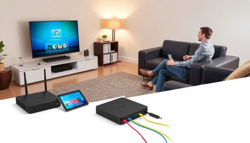 A detailed overview illustration of the IPTV Smarters Pro setup process, featuring a sleek, modern living room environment. In the foreground, a user, dressed in smart casual clothing, sits comfortably on a stylish sofa, interacting with a large flat-screen TV displaying the IPTV Smarters Pro interface. On the coffee table, there are remote controls and a tablet showcasing subscription details. In the middle ground, a set-top box and a Wi-Fi router provide connectivity, with colorful cables neatly arranged. The background features soft lighting, with a cozy lamp casting a warm glow, enhancing the inviting atmosphere of the room. The angle captures the setup from a slight side perspective, emphasizing both the user and the technology, while maintaining a focus on the ease and accessibility of the IPTV Smarters Pro experience. A detailed overview illustration of the IPTV Smarters Pro setup process, featuring a sleek, modern living room environment. In the foreground, a user, dressed in smart casual clothing, sits comfortably on a stylish sofa, interacting with a large flat-screen TV displaying the IPTV Smarters Pro interface. On the coffee table, there are remote controls and a tablet showcasing subscription details. In the middle ground, a set-top box and a Wi-Fi router provide connectivity, with colorful cables neatly arranged. The background features soft lighting, with a cozy lamp casting a warm glow, enhancing the inviting atmosphere of the room. The angle captures the setup from a slight side perspective, emphasizing both the user and the technology, while maintaining a focus on the ease and accessibility of the IPTV Smarters Pro experience.