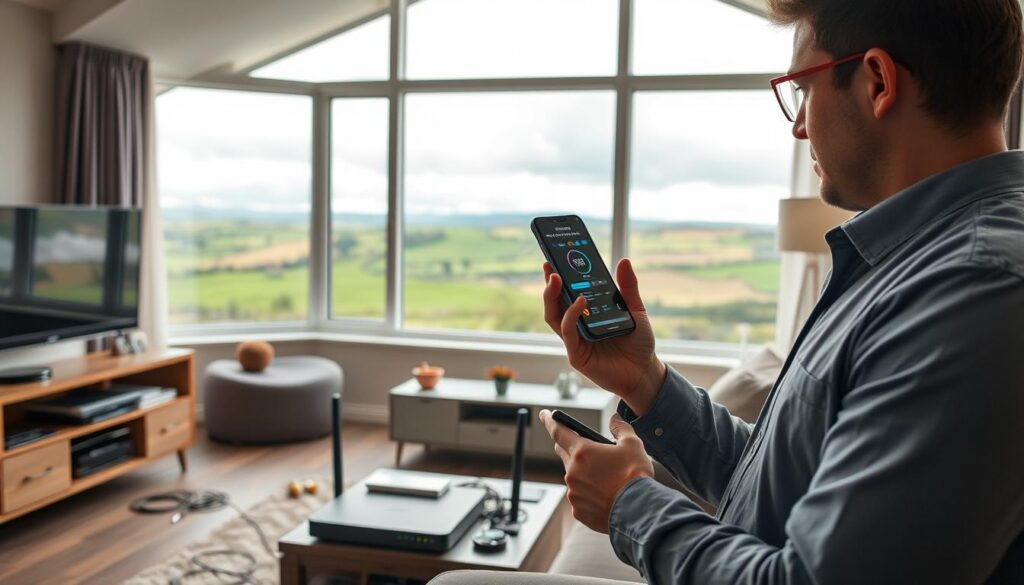 A detailed scene depicting an IPTV installation guide across Ireland, featuring a technician in professional attire carefully assessing a broadband router in a cozy, modern living room. In the foreground, the technician holds a device while using a smartphone to analyze the internet signal strength. The middle ground showcases a neatly arranged living space with an elegant television setup displaying streaming services, while cables and tools are organized nearby. In the background, a large window reveals a picturesque view of the Irish countryside, with rolling green hills and a cloudy sky. Soft, natural lighting filters through the window, creating a warm and inviting atmosphere focusing on professionalism and expertise in IPTV installation.