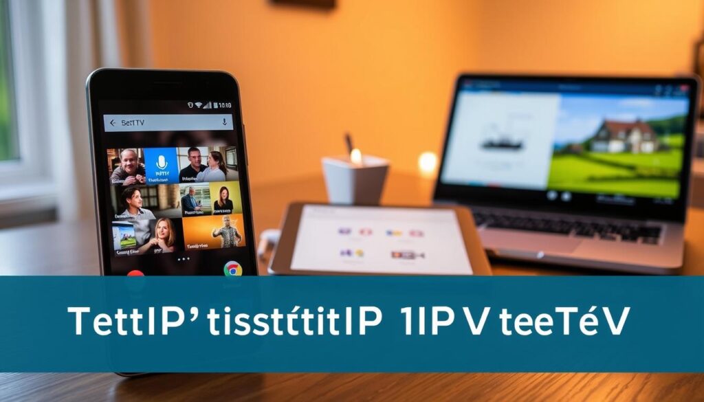 A detailed step-by-step guide for setting up IPTV on an Android device, aimed at users in Ireland. In the foreground, display an elegant Android smartphone with a vibrant IPTV app interface visible on the screen, showcasing colorful channels. The middle layer features an organized workspace with a tablet displaying instructional images and a laptop with a setup diagram. In the background, incorporate a soft-focus view of an Irish landscape, perhaps rolling green hills or a quaint cottage, to establish the location context. Use warm, inviting lighting to create a friendly atmosphere, with a slight depth of field effect emphasizing the smartphone while softly blurring the surrounding elements. The image should feel informative yet approachable, supporting the guide's instructional tone.