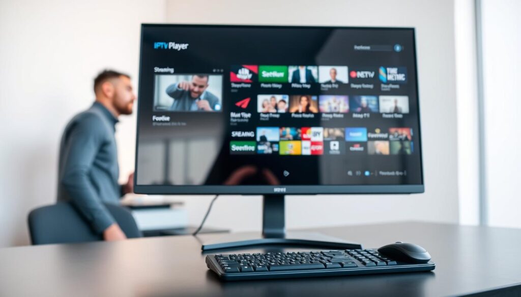 A detailed view of an IPTV player Windows installation setup on a sleek desktop. In the foreground, a monitor displays the IPTV player interface with vibrant streaming options and a sleek design. A computer mouse and keyboard are placed on a minimalist desk, emphasizing a professional workspace. In the middle ground, a user, dressed in casual business attire, intently navigates the installation process, showcasing focus and engagement. The background features a well-organized workspace with soft lighting that highlights the technological elements without harsh shadows. A subtle reflection on the glass screen enhances depth, creating an inviting atmosphere that suggests reliability and professionalism in streaming. The image is crisp and clear, capturing the essence of modern digital installation. A detailed view of an IPTV player Windows installation setup on a sleek desktop. In the foreground, a monitor displays the IPTV player interface with vibrant streaming options and a sleek design. A computer mouse and keyboard are placed on a minimalist desk, emphasizing a professional workspace. In the middle ground, a user, dressed in casual business attire, intently navigates the installation process, showcasing focus and engagement. The background features a well-organized workspace with soft lighting that highlights the technological elements without harsh shadows. A subtle reflection on the glass screen enhances depth, creating an inviting atmosphere that suggests reliability and professionalism in streaming. The image is crisp and clear, capturing the essence of modern digital installation.