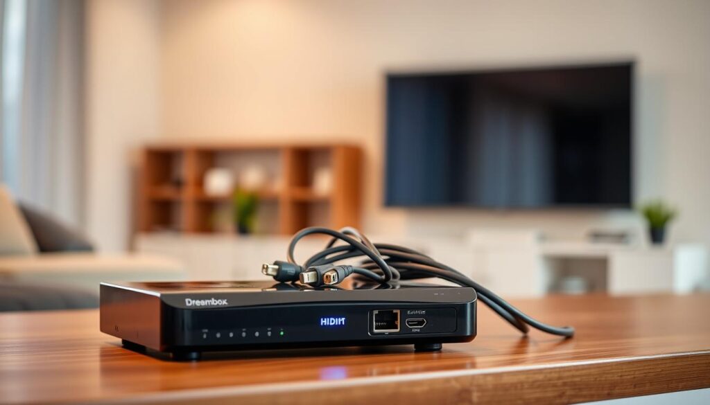 A detailed view of the Dreambox 800 HD device showcasing its sleek design and advanced hardware features. In the foreground, prominently display the Dreambox unit, highlighting its ports and connectivity options, including HDMI, USB, and Ethernet ports, with a shiny black finish. In the middle ground, include cables neatly arranged to emphasize the connections, with a soft glow illuminating the device to enhance its modern look. The background features a subtle, blurred living room setting with a television, suggesting its use in a home entertainment system. Use warm lighting to create an inviting atmosphere, with a slightly elevated camera angle for a professional perspective. A detailed view of the Dreambox 800 HD device showcasing its sleek design and advanced hardware features. In the foreground, prominently display the Dreambox unit, highlighting its ports and connectivity options, including HDMI, USB, and Ethernet ports, with a shiny black finish. In the middle ground, include cables neatly arranged to emphasize the connections, with a soft glow illuminating the device to enhance its modern look. The background features a subtle, blurred living room setting with a television, suggesting its use in a home entertainment system. Use warm lighting to create an inviting atmosphere, with a slightly elevated camera angle for a professional perspective.