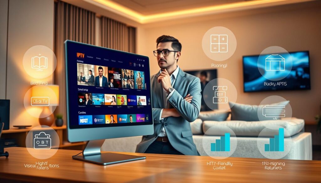 A detailed visualization of key features of IPTV services in Ireland, set in a professional environment. In the foreground, a sleek modern desktop displaying an IPTV interface with vibrant channels and content categories. The middle ground features a thoughtful individual, dressed in smart casual attire, contemplating the IPTV options displayed on the screen. Around them are visual elements representing key features like high-definition visuals, diverse channel offerings, and user-friendly navigation, illustrated through icons and graphs. In the background, a softly lit living room with a comfortable sofa and a large TV, creating a cozy atmosphere. The lighting is warm, with a focus on the screen, and a slight depth of field to emphasize the IPTV features, evoking a sense of informed decision-making and modern technology. A detailed visualization of key features of IPTV services in Ireland, set in a professional environment. In the foreground, a sleek modern desktop displaying an IPTV interface with vibrant channels and content categories. The middle ground features a thoughtful individual, dressed in smart casual attire, contemplating the IPTV options displayed on the screen. Around them are visual elements representing key features like high-definition visuals, diverse channel offerings, and user-friendly navigation, illustrated through icons and graphs. In the background, a softly lit living room with a comfortable sofa and a large TV, creating a cozy atmosphere. The lighting is warm, with a focus on the screen, and a slight depth of field to emphasize the IPTV features, evoking a sense of informed decision-making and modern technology.