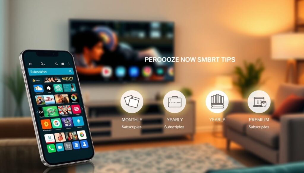 A detailed, visually informative illustration showcasing the subscription and content access requirements for IPTV Smarters Pro. In the foreground, a sleek, modern smartphone displaying a vibrant IPTV Smarters Pro interface with icons representing various channels and content categories. In the middle ground, elegant icons symbolizing subscription tiers, such as monthly, yearly, and premium plans, arranged neatly with a subtle glow. The background features a soft-focus depiction of a cozy living room environment, with a television in view, reflecting the concept of home entertainment. Warm, inviting lighting creates a welcoming atmosphere, while a slight blur effect on the background emphasizes focus on the phone and subscription icons. The overall mood is professional and engaging, reflecting a tech-savvy lifestyle without any text or distractions.