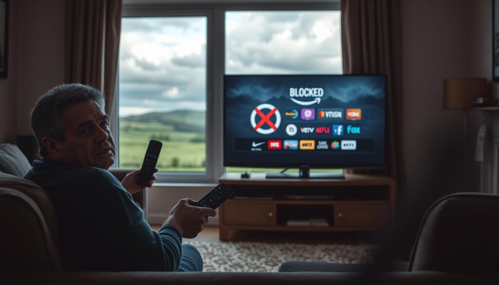A digital artist's interpretation of the impact of Amazon blocking IPTV on Fire TV Stick users in Ireland. In the foreground, a frustrated user sits in a living room, holding a Fire TV remote, with a concerned expression. The middle ground features a television displaying a blocked streaming message, with popular IPTV logos visibly crossed out. In the background, a window shows a cloudy sky over a typical Irish landscape, symbolizing uncertainty in the streaming world. The atmosphere is tense and contemplative, illuminated by soft, diffused lighting to enhance the emotional weight of the scene. The lens captures the moment from a slightly elevated angle, focusing on the user's reaction while keeping the TV and landscape in view. A digital artist's interpretation of the impact of Amazon blocking IPTV on Fire TV Stick users in Ireland. In the foreground, a frustrated user sits in a living room, holding a Fire TV remote, with a concerned expression. The middle ground features a television displaying a blocked streaming message, with popular IPTV logos visibly crossed out. In the background, a window shows a cloudy sky over a typical Irish landscape, symbolizing uncertainty in the streaming world. The atmosphere is tense and contemplative, illuminated by soft, diffused lighting to enhance the emotional weight of the scene. The lens captures the moment from a slightly elevated angle, focusing on the user's reaction while keeping the TV and landscape in view.