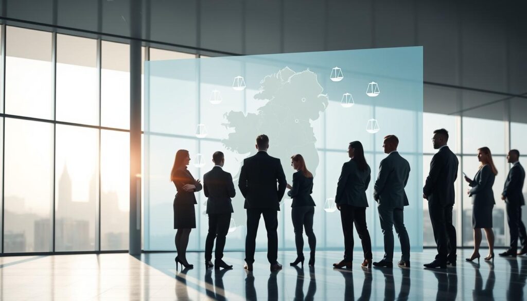 A digital artwork illustrating the concept of the legal status of IPTV services in Ireland. In the foreground, a professional, diverse group of individuals dressed in business attire stands around a large, transparent touchscreen displaying a map of Ireland dotted with legal symbols, such as scales of justice and gavel icons. The middle ground features a sleek, modern office environment with light filtering through large windows, casting dynamic shadows. In the background, the silhouette of Dublin's skyline is visible, with iconic landmarks subtly blurred, suggesting a sense of place. The overall mood is serious and informative, captured in bright, clear lighting that emphasizes clarity and professionalism, with a shallow depth of field focusing on the figures and touchscreen. A digital artwork illustrating the concept of the legal status of IPTV services in Ireland. In the foreground, a professional, diverse group of individuals dressed in business attire stands around a large, transparent touchscreen displaying a map of Ireland dotted with legal symbols, such as scales of justice and gavel icons. The middle ground features a sleek, modern office environment with light filtering through large windows, casting dynamic shadows. In the background, the silhouette of Dublin's skyline is visible, with iconic landmarks subtly blurred, suggesting a sense of place. The overall mood is serious and informative, captured in bright, clear lighting that emphasizes clarity and professionalism, with a shallow depth of field focusing on the figures and touchscreen.