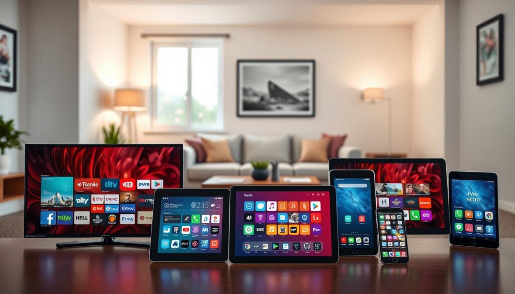 A digital composition illustrating device compatibility for IPTV apps in Ireland, featuring various devices like smart TVs, tablets, and smartphones arranged in the foreground. Each device should display a vibrant interface showcasing different IPTV app icons. In the middle ground, a cozy living room scene with a modern couch and coffee table, creating a warm atmosphere. The background should subtly feature a window with soft, natural lighting coming through, illuminating the space. Use a wide-angle perspective to encompass the devices and create a sense of depth. The overall mood should feel inviting and contemporary, reflecting the best technology for optimal IPTV usage in an Irish setting. Ensure no text or watermarks are present.