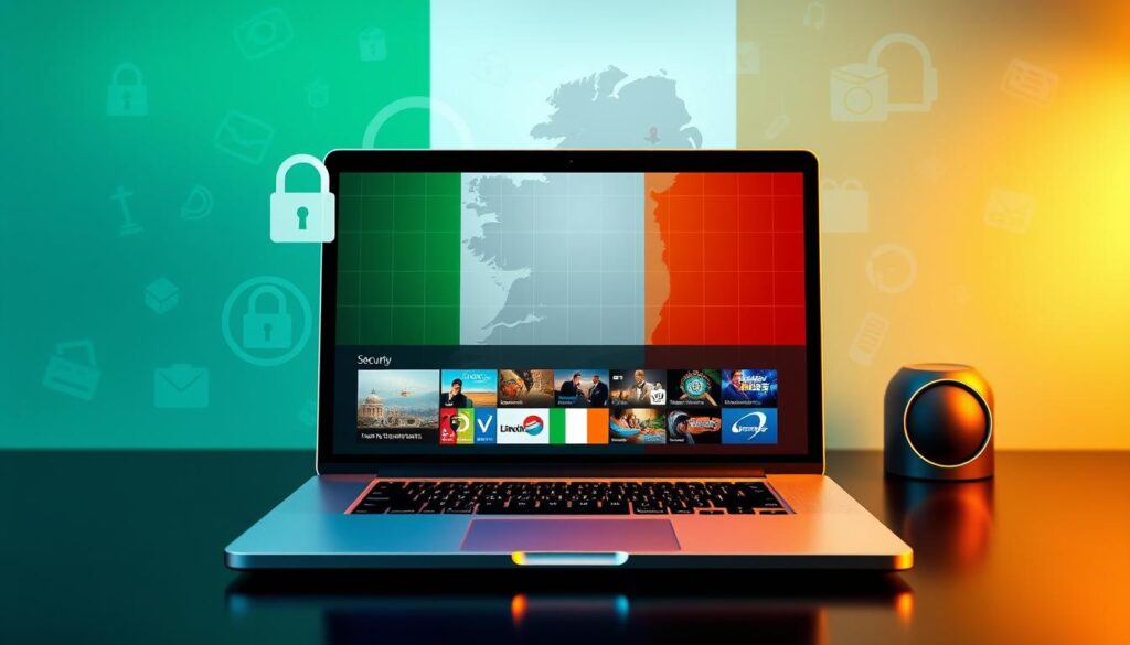A digital illustration representing the security and legality of IPTV services in Ireland. In the foreground, a sleek, modern laptop displays a streaming interface, showcasing various Irish TV channels. Surrounding the laptop, visible icons symbolize security—like locks and shields—emphasizing privacy and protection. In the middle ground, a stylized map of Ireland is overlaid with a grid, illustrating connectivity and technology. The background features a subtle blend of the Irish flag's colors, with faint outlines of legal documents and compliance symbols. The scene is well-lit, with a warm, inviting ambiance, suggesting a professional yet accessible atmosphere. The composition is shot from a slight overhead angle to capture all elements harmoniously, emphasizing the subject matter of security and legality. A digital illustration representing the security and legality of IPTV services in Ireland. In the foreground, a sleek, modern laptop displays a streaming interface, showcasing various Irish TV channels. Surrounding the laptop, visible icons symbolize security—like locks and shields—emphasizing privacy and protection. In the middle ground, a stylized map of Ireland is overlaid with a grid, illustrating connectivity and technology. The background features a subtle blend of the Irish flag's colors, with faint outlines of legal documents and compliance symbols. The scene is well-lit, with a warm, inviting ambiance, suggesting a professional yet accessible atmosphere. The composition is shot from a slight overhead angle to capture all elements harmoniously, emphasizing the subject matter of security and legality.