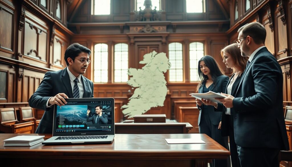 A dynamic courtroom scene set in Ireland, focusing on the concept of net IPTV legality. In the foreground, a diverse group of three professionals in business attire engages in a discussion. One person gestures toward a laptop displaying streaming data, while another notes down observations. In the middle, a large scale model of Ireland is visible, highlighting major cities like Dublin and Cork, symbolizing the geographical implications of net IPTV. The background features a grand Irish courtroom with traditional wooden benches and ornate details, bathed in soft, natural light filtering through large windows, creating a serious yet contemplative atmosphere. The mood is one of inquiry and analysis, emphasizing the legal nuances of IPTV streaming.