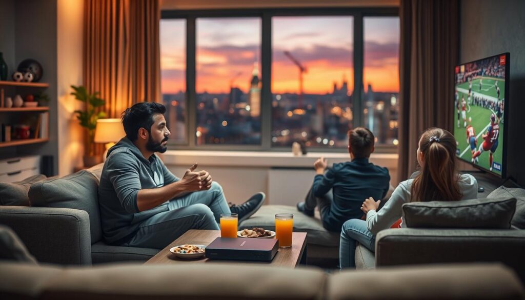 A dynamic living room scene featuring a family of four watching a premium live sports event on a large flat-screen TV. In the foreground, a father and son are sitting on a cozy sofa, both dressed in casual sports attire, intensely focused on the game, with snacks and drinks on a coffee table beside them. The middle layer includes a stylish entertainment center with IPTV streaming device and sports memorabilia. In the background, soft warm lighting creates a welcoming atmosphere, highlighting a window with a view of a vibrant city skyline during twilight. The overall mood is energetic and familial, showcasing the excitement of premium sports coverage through IPTV Cork. The image has a slight depth of field effect, giving prominence to the family while softly blurring the background elements. A dynamic living room scene featuring a family of four watching a premium live sports event on a large flat-screen TV. In the foreground, a father and son are sitting on a cozy sofa, both dressed in casual sports attire, intensely focused on the game, with snacks and drinks on a coffee table beside them. The middle layer includes a stylish entertainment center with IPTV streaming device and sports memorabilia. In the background, soft warm lighting creates a welcoming atmosphere, highlighting a window with a view of a vibrant city skyline during twilight. The overall mood is energetic and familial, showcasing the excitement of premium sports coverage through IPTV Cork. The image has a slight depth of field effect, giving prominence to the family while softly blurring the background elements.