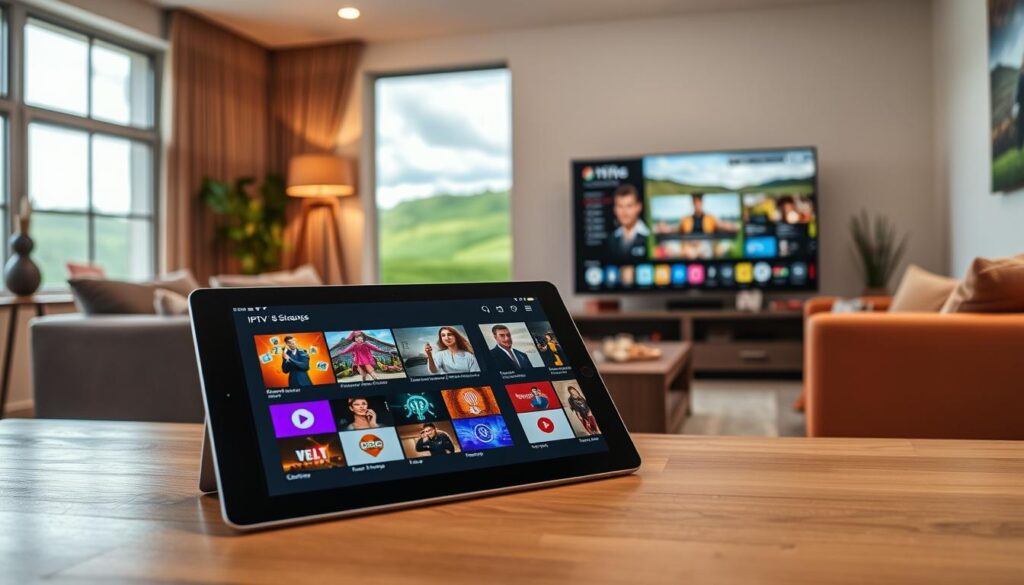 A dynamic scene showcasing various IPTV apps tailored for streaming in Ireland. In the foreground, a sleek modern tablet displays vibrant app icons, featuring popular streaming choices like sports, movies, and TV shows. The middle ground includes a cozy living room setting with a stylish sofa, a coffee table with snacks, and a large TV screen showing a streaming content selection. The background features an Irish landscape through a window, featuring rolling green hills and cloudy skies, symbolizing the connection to Irish culture. The scene is warmly lit with soft overhead lighting, creating an inviting atmosphere. The focus is clear, with a slight depth of field to emphasize the tablet and apps, while maintaining a relaxed, comfortable viewing experience.