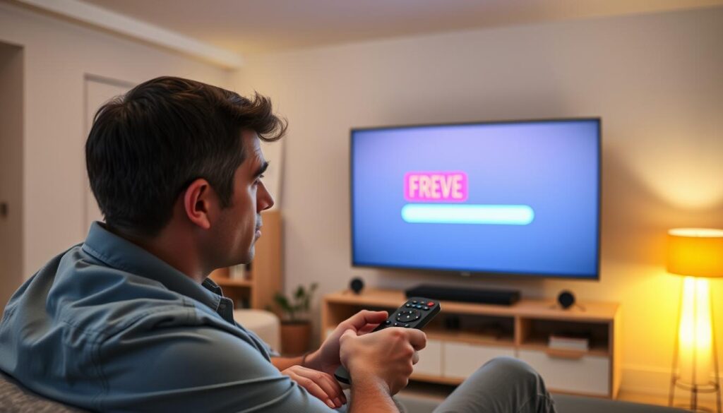 A frustrated person in a modern living room, sitting on a couch with a remote in hand, watching a TV screen that displays a freezing and buffering icon. The foreground features the person, dressed in casual but tidy clothing, with a furrowed brow and crossed arms, conveying frustration. In the middle, the TV shows the buffering symbol in bright colors against a muted display, symbolizing the common challenges faced with IPTV services. The background reveals a welcoming, well-lit room with soft yellow lighting, a few decorative elements like a bookshelf and a coffee table, creating an inviting atmosphere. The angle is slightly above eye level, capturing both the viewer's frustration and the technical difficulties represented on the screen. A frustrated person in a modern living room, sitting on a couch with a remote in hand, watching a TV screen that displays a freezing and buffering icon. The foreground features the person, dressed in casual but tidy clothing, with a furrowed brow and crossed arms, conveying frustration. In the middle, the TV shows the buffering symbol in bright colors against a muted display, symbolizing the common challenges faced with IPTV services. The background reveals a welcoming, well-lit room with soft yellow lighting, a few decorative elements like a bookshelf and a coffee table, creating an inviting atmosphere. The angle is slightly above eye level, capturing both the viewer's frustration and the technical difficulties represented on the screen.