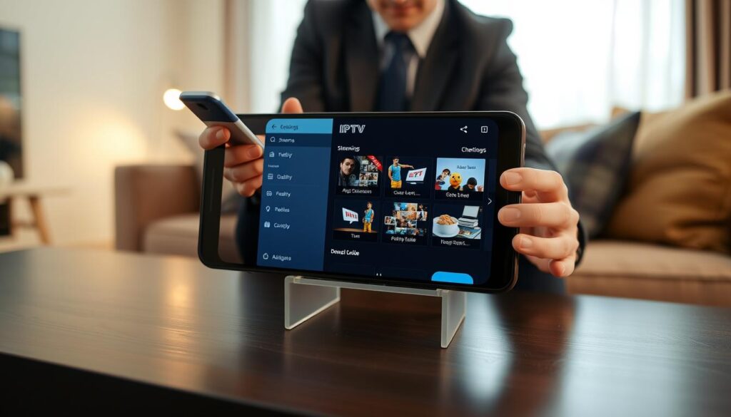 A modern Android smartphone displaying an IPTV app interface, showcasing key features like streaming quality options, channel guide, and user-friendly navigation. The device is positioned in the foreground on a sleek, dark wooden table, with a cozy living room atmosphere in the background featuring soft lighting and a comfortable couch. A person dressed in smart casual attire is interacting with the phone, exuding a sense of ease and satisfaction. The scene captures the essence of technology at home, emphasizing the convenience of IPTV services in Ireland. The lighting is warm and inviting, with a slight blur on the background, drawing attention to the smartphone's screen.