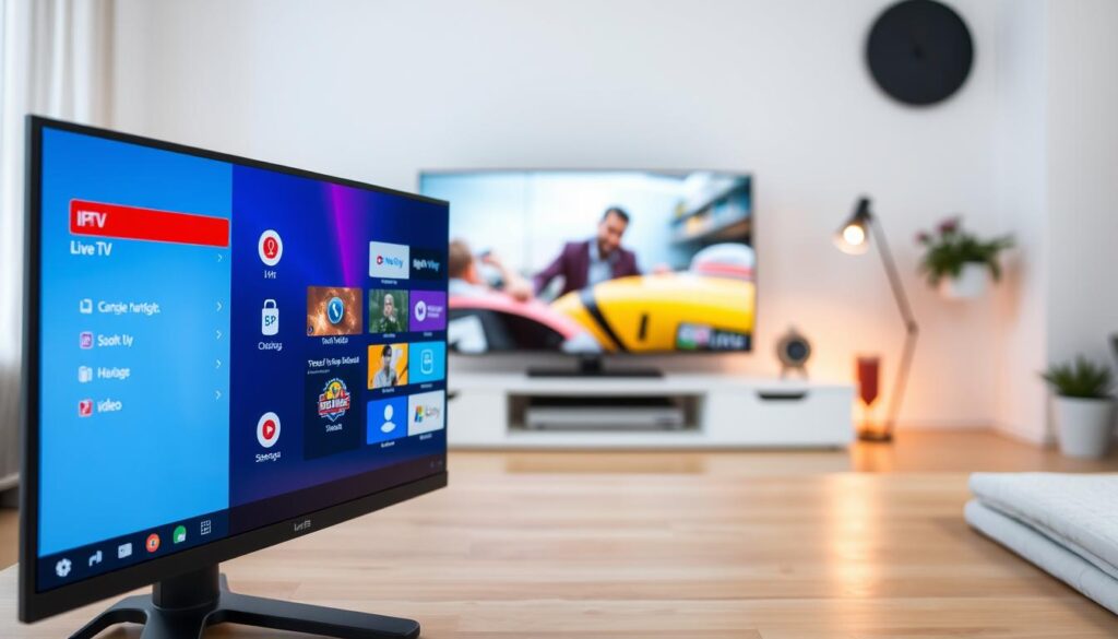 A modern IPTV player interface displayed on a sleek Windows desktop, featuring vivid graphics that showcase key functionalities like live TV streaming, channel navigation, and video on demand. In the foreground, a user-friendly interface with colorful icons and a visible application window. In the middle ground, a desktop background with subtle elements of tech, such as a smart TV and streaming icons. The background is a clean, minimalistic workspace with soft lighting to create a cozy atmosphere. Use a medium angle to capture the depth of the interface and surroundings, enhancing the sense of reliability and professionalism in streaming. The mood is inviting and informative, emphasizing a seamless user experience without any text or distractions. A modern IPTV player interface displayed on a sleek Windows desktop, featuring vivid graphics that showcase key functionalities like live TV streaming, channel navigation, and video on demand. In the foreground, a user-friendly interface with colorful icons and a visible application window. In the middle ground, a desktop background with subtle elements of tech, such as a smart TV and streaming icons. The background is a clean, minimalistic workspace with soft lighting to create a cozy atmosphere. Use a medium angle to capture the depth of the interface and surroundings, enhancing the sense of reliability and professionalism in streaming. The mood is inviting and informative, emphasizing a seamless user experience without any text or distractions.